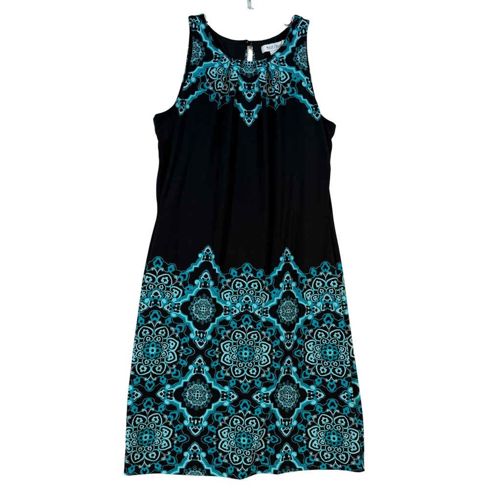 White House Black Market Teal Black Medallion Border Print Shift Dress •XS• Boho